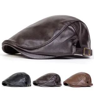 Men Solid Color Pu Leather Newsboy Caps British Painters Hats Spring Autumn Side Adjustable Flat Cap Hip Hop Berets