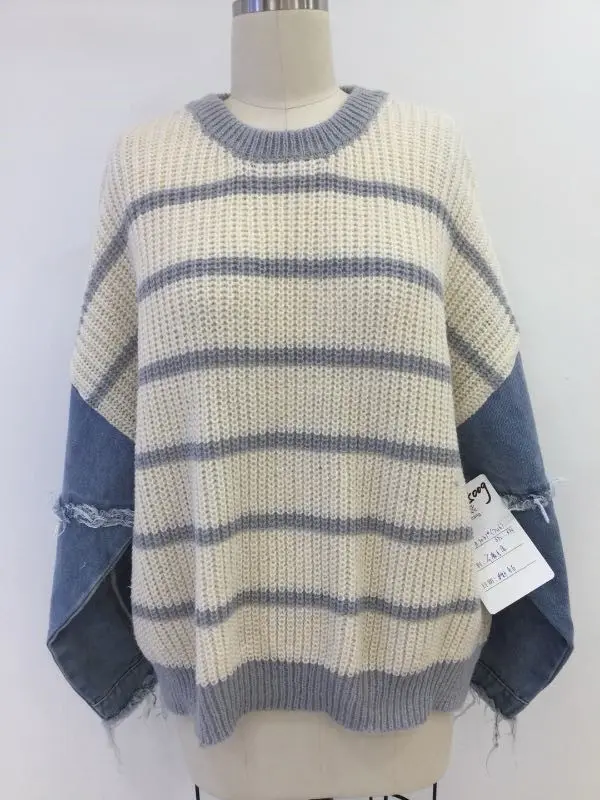 Women's striped patchwork denim sleeves cardigan long-sleeved tops casual style knitwear retail/wholesale