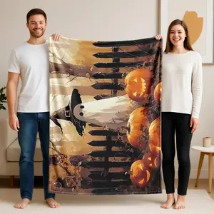 1 piece Halloween pumpkin lantern and ghost costume scene themed flannel blanket - Modern design flannel blanket, suitable for sofas and beds, all-season use, super soft and comfortable, digital printing, 100% polyester material, machine washable