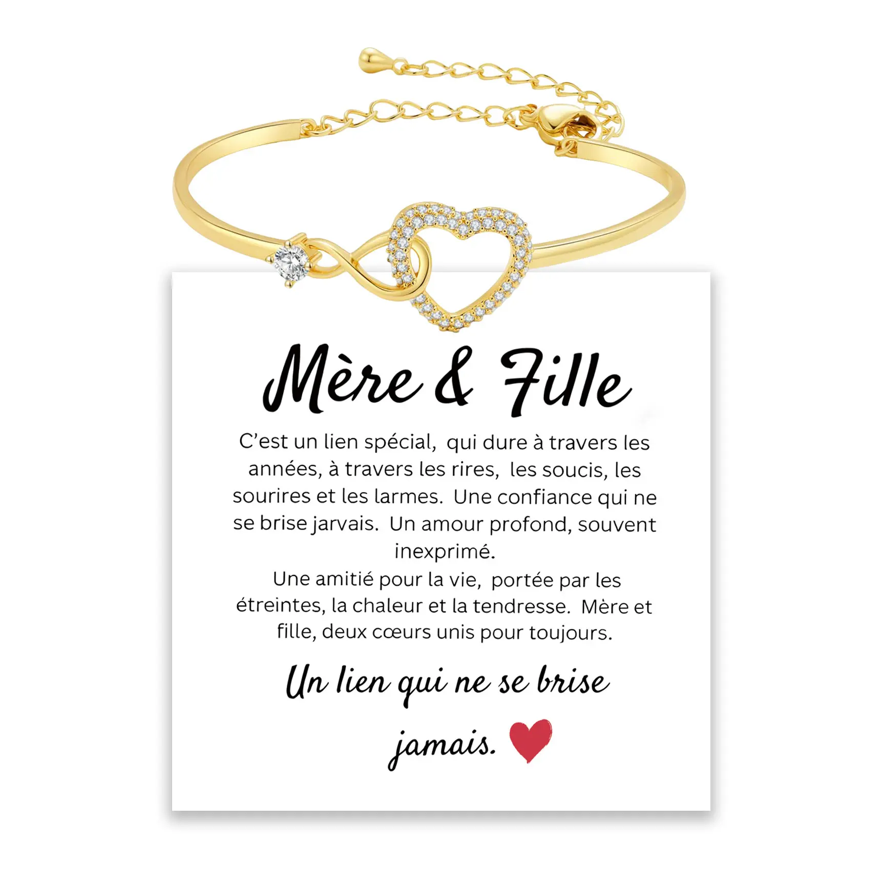 Heart Infinity Bracelet with Cubic Zirconia, Mother to Daughter Holiday Gift Jewelry with Sentimental Message Card
