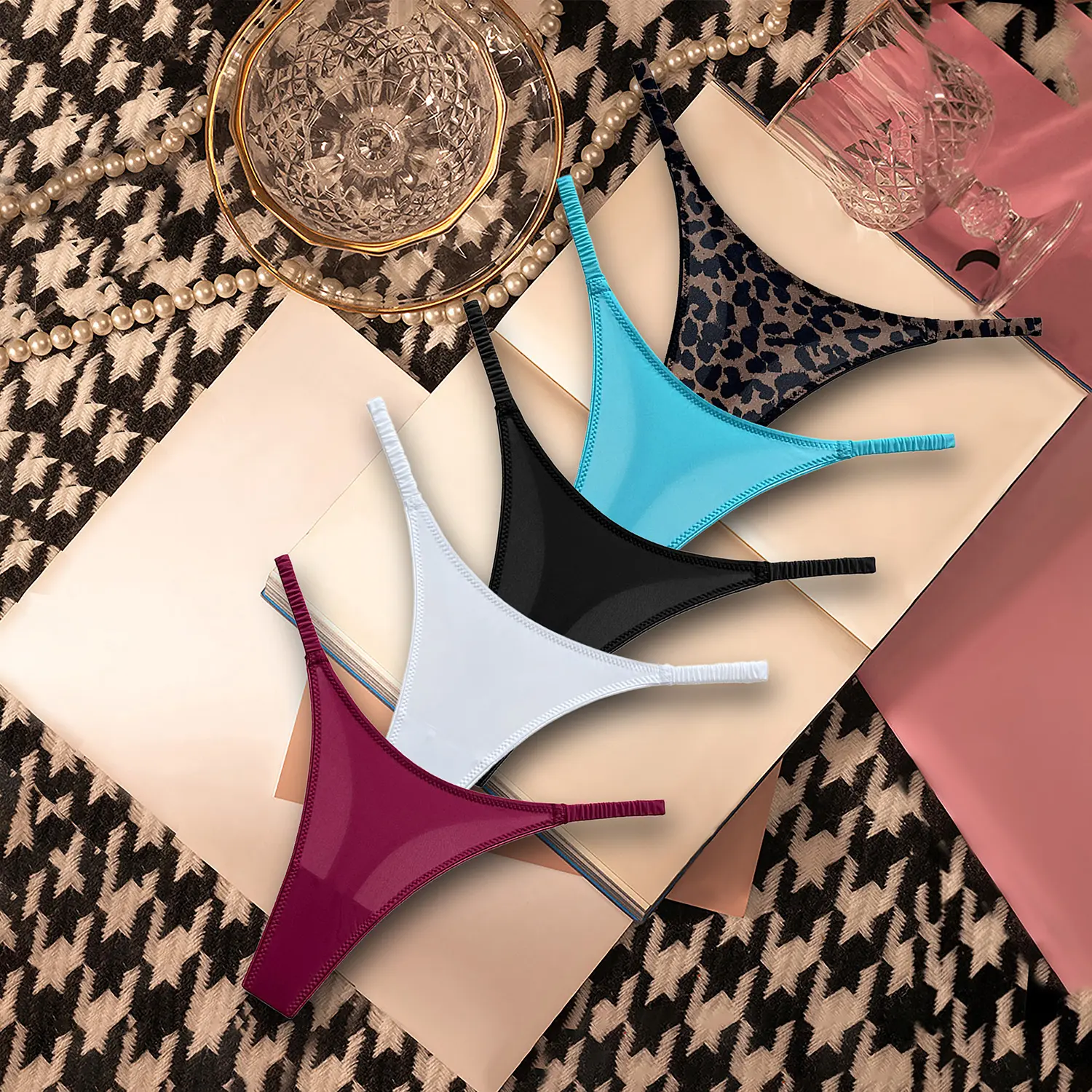 5Pcs women’s thongs: fitness butt-lifting T-style design, fashionable high-waist ruched waistband, trendy colors, premium “ice silk” fabric for comfort and breathability—suitable for work, sports, workouts, yoga, and more.