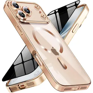 Magnetic for iPhone 17 Pro Case with Privacy Screen Protector & Full Camera Cover Compatible with MagSafe Shockproof Slim Clear Back Phone Case for iPhone 17 Pro Glossy Cover,Gold