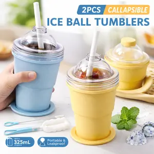 2-in-1 Collapsible Travel Tumbler – Silicone Cup with Large Ice Ball Mold, Leak Proof with Straw & Lid for Whiskey, Iced Coffee Bottles Drinkware Water Bottles