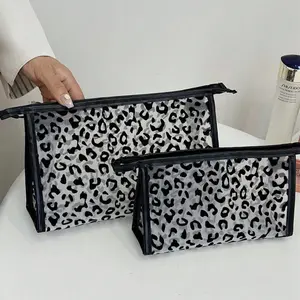 Leopard Print Makeup Bag, Large Capacity Travel Toiletry Pouch, Cosmetic Pouch, Cosmetics Organizer, Half-Transparent Mesh, Zipper Closure, Ideal for Home, Travel, Gifts