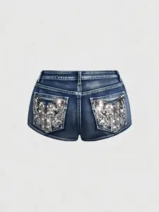 Women's Summer New Arrival Retro Y2K Low Waist Embroidered Rhinestone Pockets Denim Jeans Shorts, Party, Date, Music Festival, Nightclub