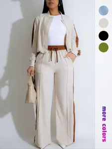 Women’s Two-Piece Patchwork Set – Top and Wide-Leg Pants, Casual Long-Sleeve Outerwear and Pants for Everyday Wear, Ladies’ Summer Clothing, Womenswear