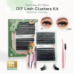 CoolleMi Bloom 196PCS DIY Lash Clusters Kit PowerVolume 3D Fluffy Cluster Eyelash Extensions Kit｜Waterproof Long-lasting Black Lash Bond Tweezers Remover for DIY Makeup Cosmetic Enhance Natural Beauty F4 & 120D