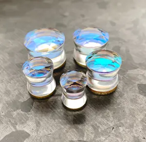 PAIR of Stunning Faceted Iridescent Glass Double Flare Plugs