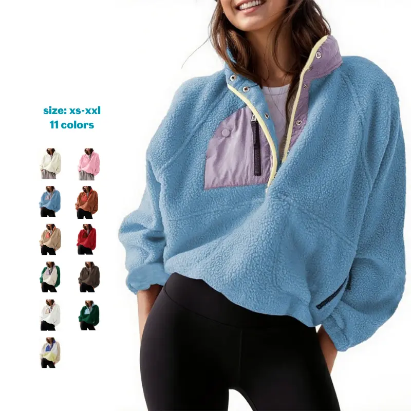 Mundoven Womens Fuzzy Fleece Pullover Sherpa Sweatshirt Long Sleeve Button Down Sweater Winter Fleece Jacket with Pockets Womenswear