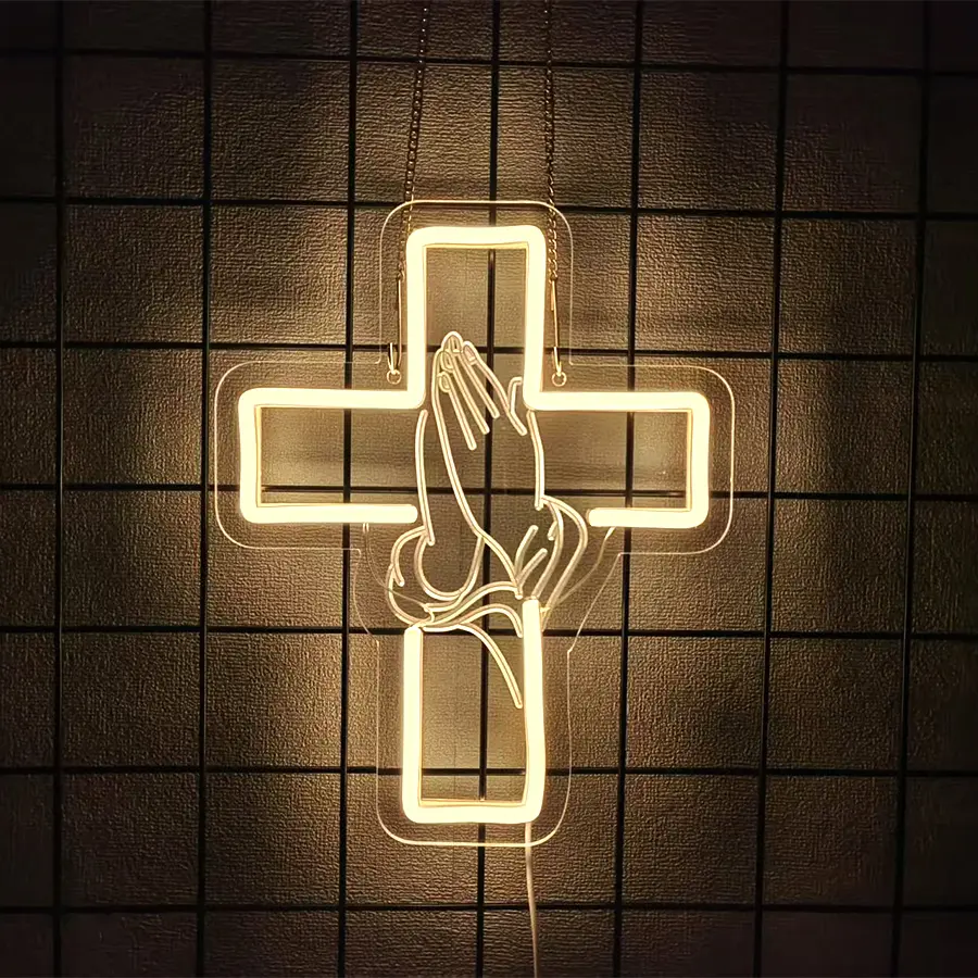 Praying Hands Neon Sign Cross LED Light Decorative Lights Home Decor Light Suitable for Bedroom, Living Room, Auditorium, Party Decoration Christian Neon Sign Gift for Believers