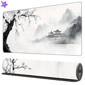 Ink Wash Cherry Blossoms Pattern Mouse Pad, Anti-slip Large Mousepad with Stitched Edges, Keyboard Pad Mouse Mat for Computer, Work, Gaming, Computer Accessories