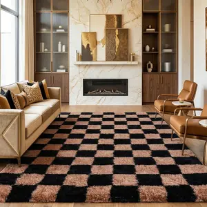 PLUMLIK Black Camel Checkered Shag Area Rug for Bedroom, Soft High Pile Silk Carpet for Living Room, Modern Decorative Floor Carpet, Non-Slip, Contemporary Home Decor, Cozy Aesthetic style furry Rug, Idea Gift for Mother's Day, Housewarm & Easter