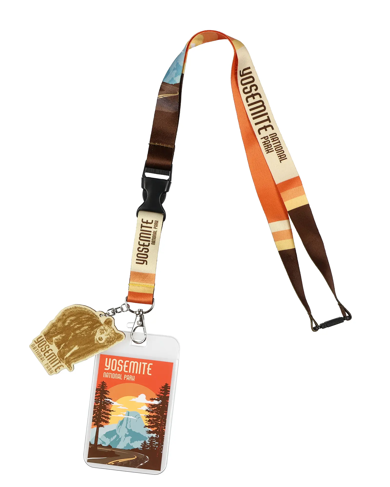 Yosemite National Park Lanyard With Wooden Black Bear Charm Breakaway Clasp and Clear ID Holder Keychain