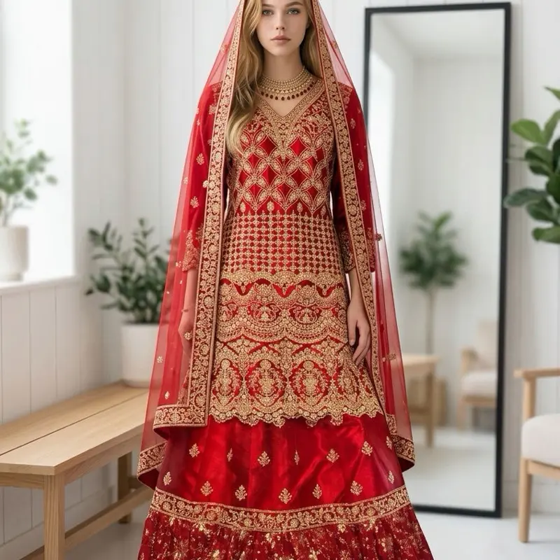 Bridal 3-Piece Kameez Lehenga Gown Set - Size 40 Red Designer Heavy Georgette Formal Partywear, Mirror Work, Can-Can, Ladies' Womenswear Fabric Dress