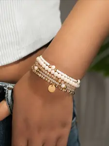 5-piece Set of Fashionable and Versatile Styles, 5-piece Set of Beaded Bracelets for Women, Simple Weaving, Elastic Glass Beads, Round Pendant Jewelry, Party Vacation Bracelet Set, Adjustable Bracelet