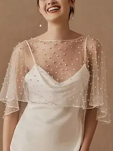 Elegant Wedding Shawl with Faux Pearls, Breathable Mesh Material, Fashionable Short Style, Perfect Bridal Accessory