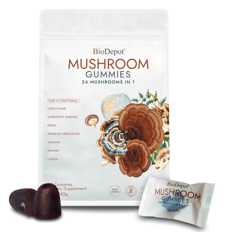 Biodepot Lion’s Mane Mushroom Gummies, Multifunctional Vegan Nootropic Chewable Dietary Supplement with Botanical Raspberry & Chaga for Focus & Memory Support, Natural Berry Flavor