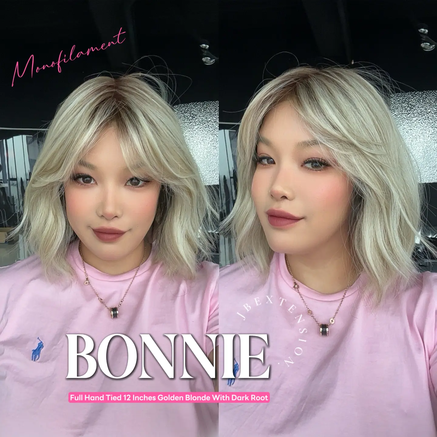JBEXTENSION BONNIE MONO Full Monofilament Handmade Full Lace Full Hand Tied Wig 12 Inches Blonde With Dark Root Mono Lace Handmade Futura Fiber Glueless Wig BONNIE MONO【BENDY EAR TABS】