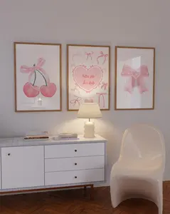 Soft Girly Bow Poster Set of 3, Trendy Aesthetic Pink Gallery Wall Set, Cherry Print