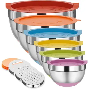 Mixing Bowls with Lids Set, 6 Piece Stainless Steel Nesting Storage Bowls for Kitchen, with 3 Grater Attachments & Non-Slip Bottoms, Size 5.5,3.5,2.5,2.1,1.5,1.1 QT