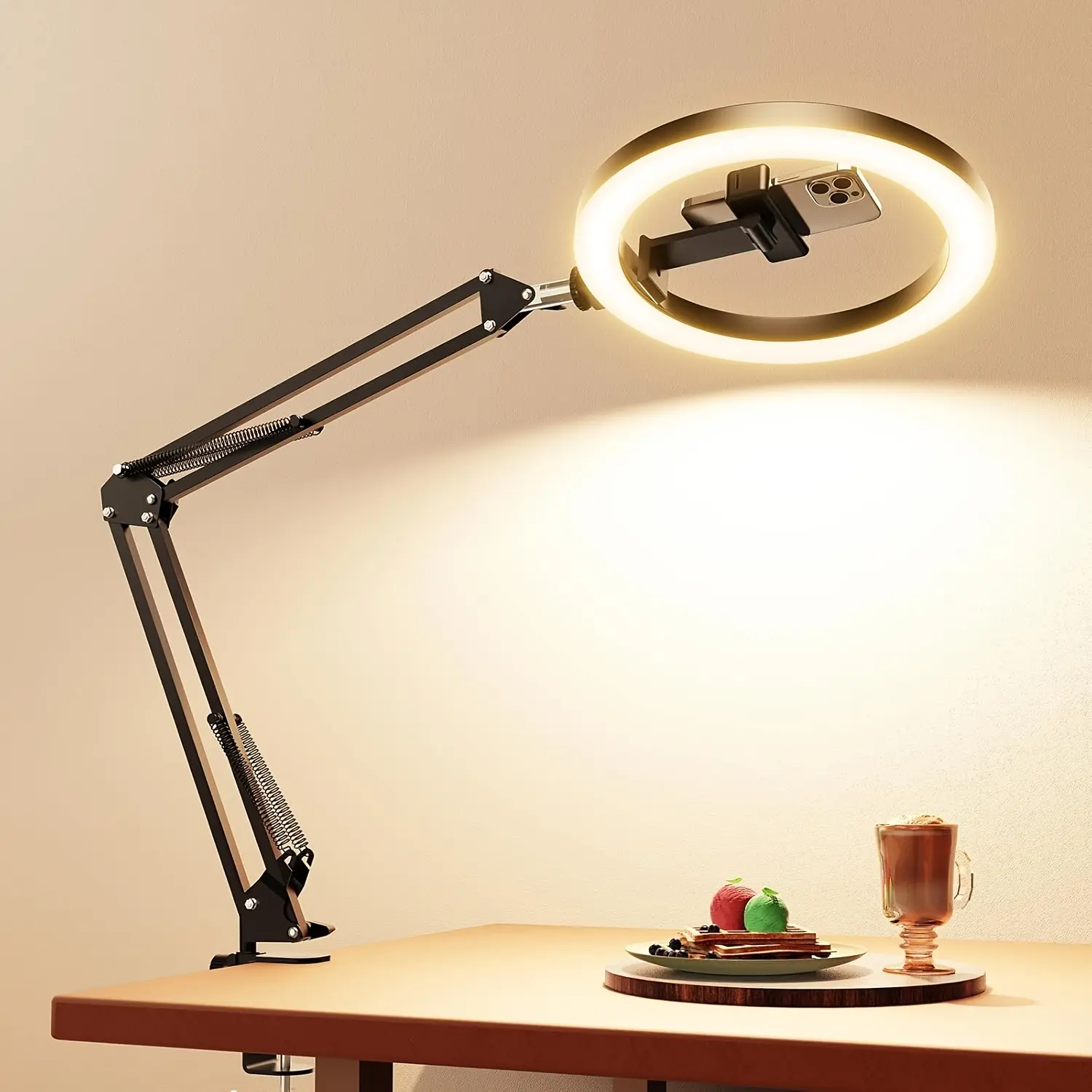 10-Inch Portable Ring Light Selfie Fill Light with Overhead Desk Clamp Attach, Cell Phone Accessories Camera Mount Stand Tripod, Phone Holder for Video Recording, Zoom Meetings
