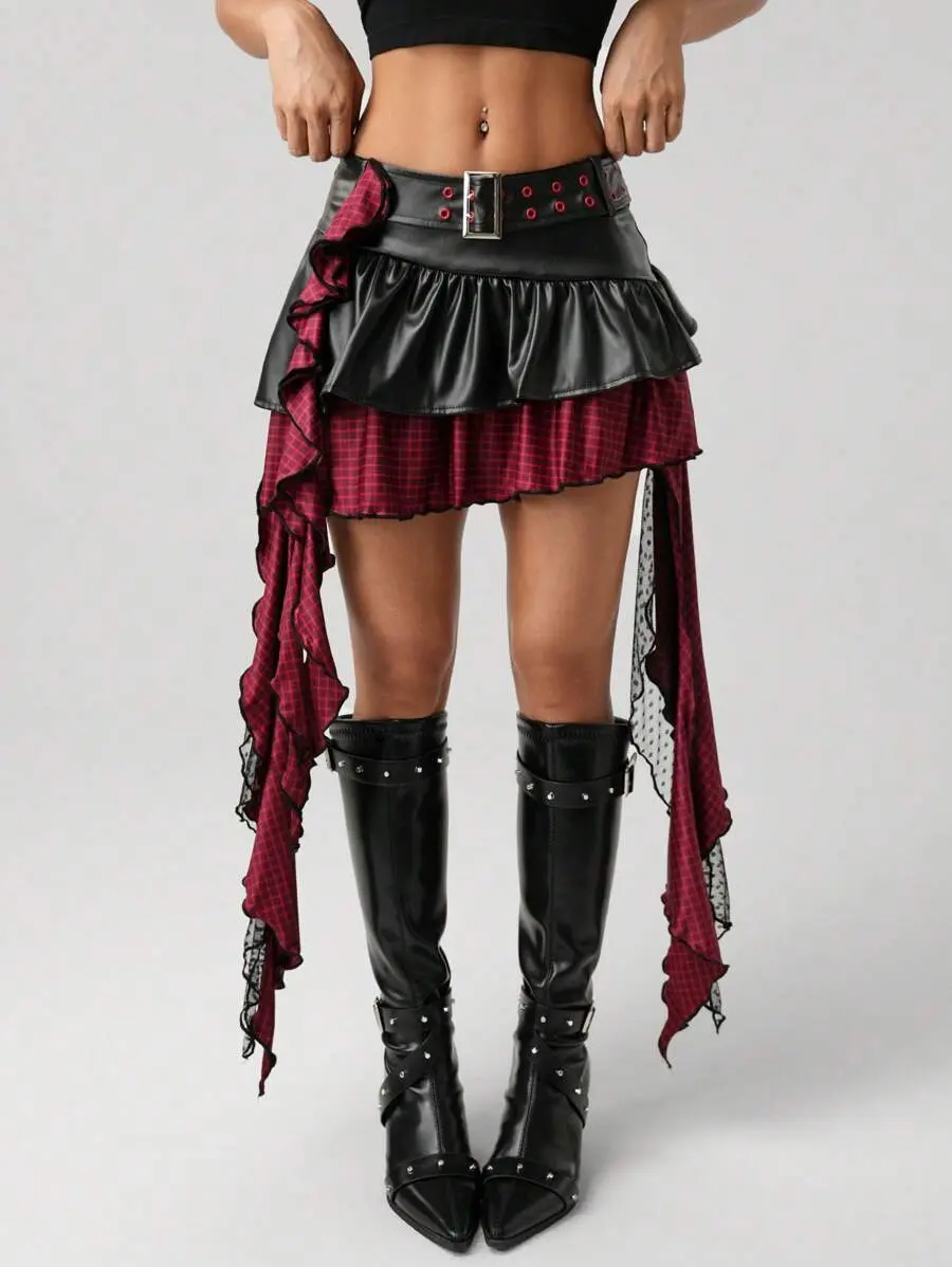 KOOZ Women Black & Red Contrast Color PU Leather Punk Style Plaid Metal Waist Belt Lace Pendant Asymmetric Hem Mini Skirt
