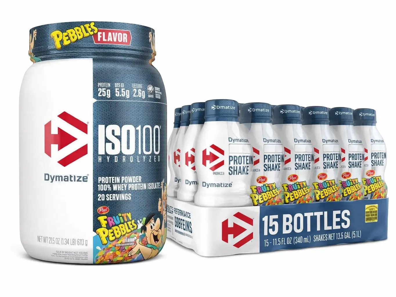 Dymatize ISO100 Hydrolyzed Fast-Absorbing Protein Powder & 15 Fruity Pebbles Shake Bottles Combo - Sucralose-Free Dietary Protein Fitness Supplement for Youth Muscle Repair, Balanced Nutritional Option, Vegetarian