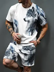 Men's Casual Fashion 3D Wolf Print Set, Polyester Short Sleeve T-Shirt & Shorts, and, Knit Fabric, Summer Outdoor Wear, Outfit
