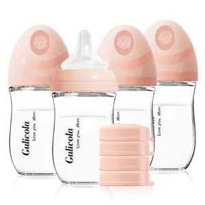 Gulicola Natural Glass Baby Bottle 5oz/8oz for Breastfed Babies, Anti-Colic Wide Neck Baby Bottle Set , 0 Months +, White&Pink