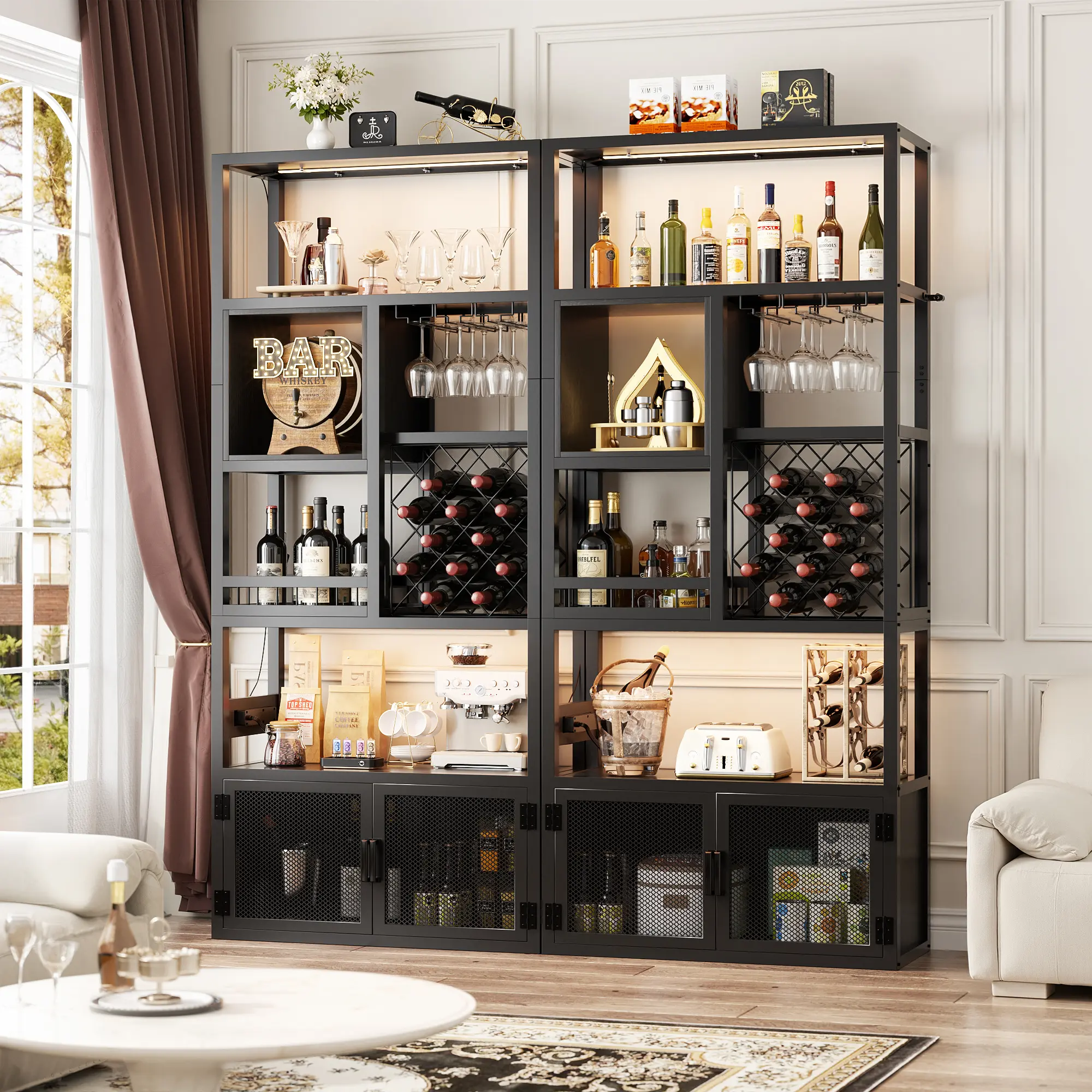 Armocity Wine Storage Cabinet 83"H  Wine rack removable with Storage Wine bar cabinet for Home with LED Lights and Outlets
