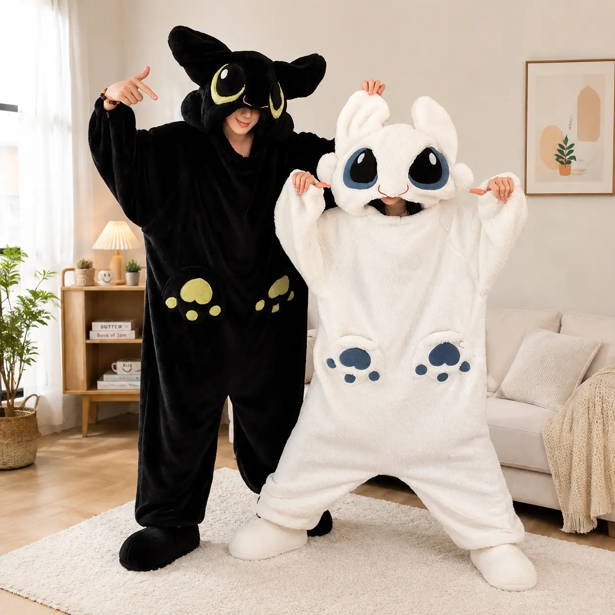 Matching Couple Plush Onesie Pajamas, Soft Coral Fleece Animal Hooded Jumpsuit, Cozy Oversized Sleepwear Loungewear for Adults, Warm Winter Home Outfit Gift