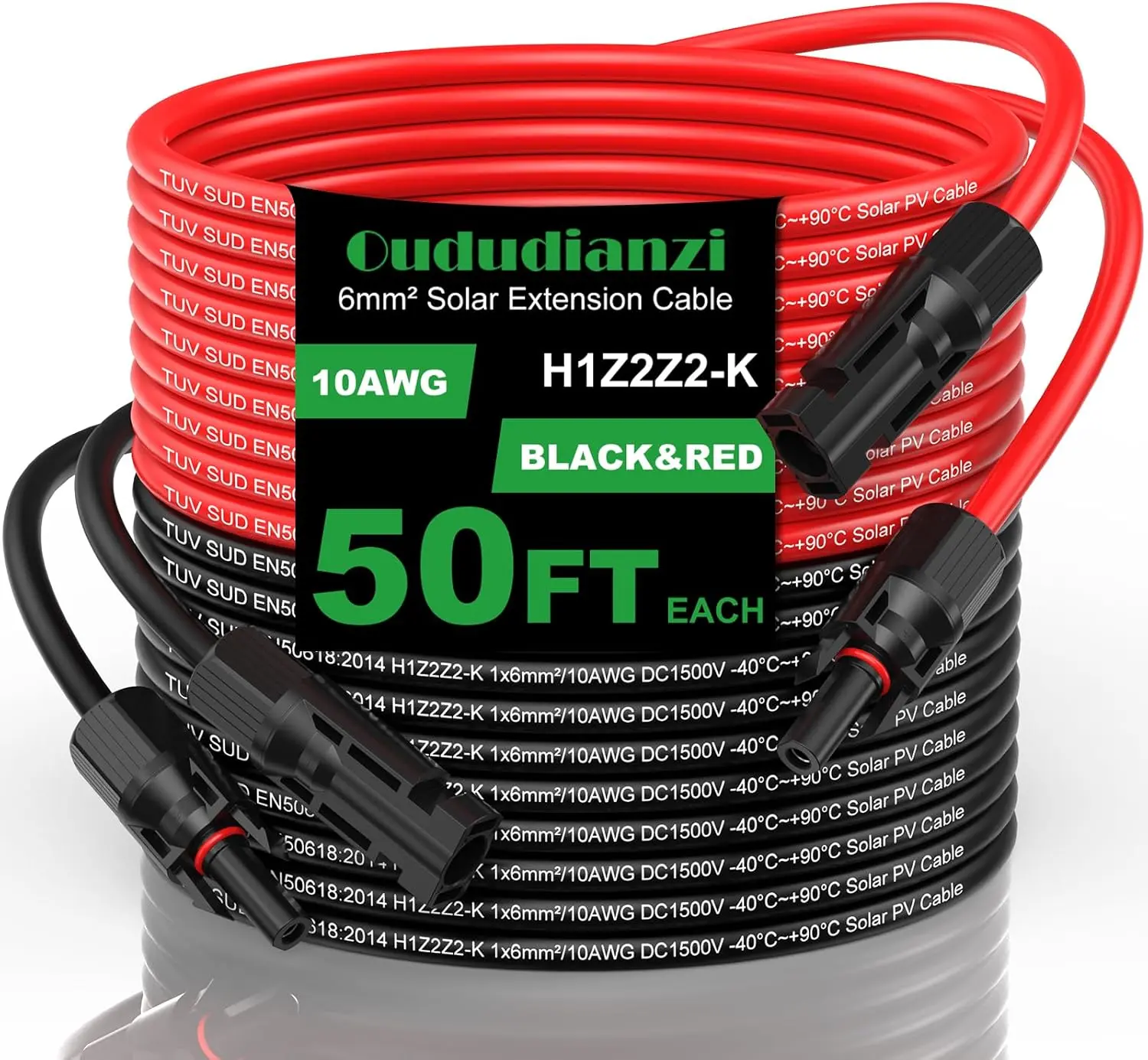 Oududianzi Solar Extension Cable 50Ft, Solar Wire 10AWG, 10 Gauge Tinned Copper PV Wire, Solar Panel Wires and Connectors for Home Roofs RV Boat Camping Solar Panels