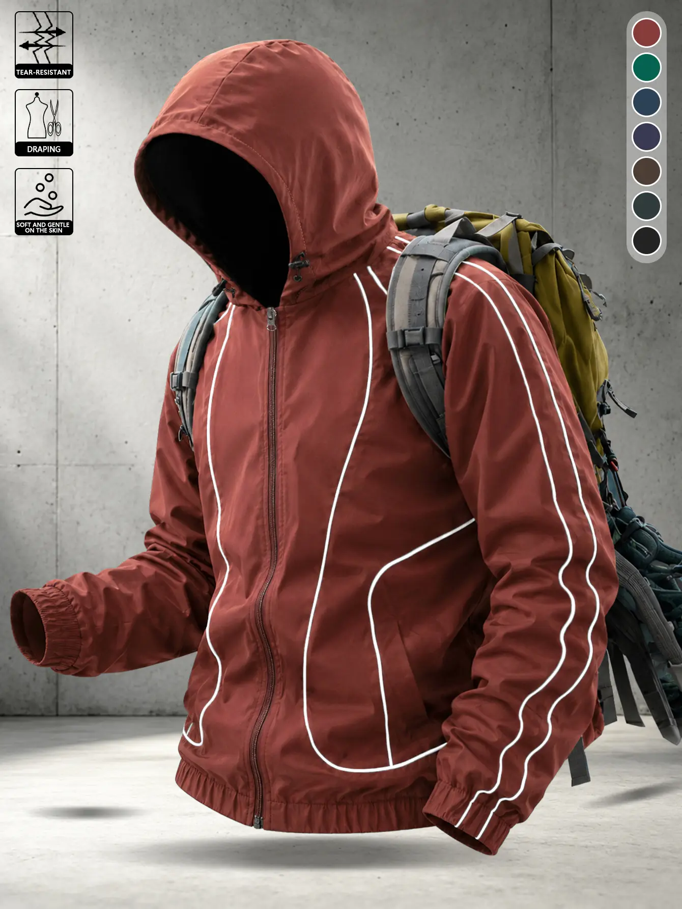 Men’s trendy sporty hooded hardshell jacket made of woven fabric, featuring a wraparound design, comfortable regular fit, suitable for hiking near suburbs, camping, and outings.