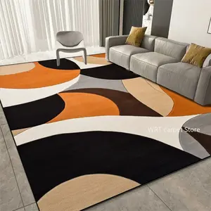 Modern Abstract Geometric Flannel Area Rug, Abstract Area Rugs - Orange Wave Print Soft Mat for Living Room, Non-Slip Minimalist Home Decor