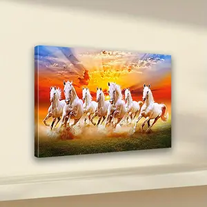 Seven Lucky Running Wild Horses Canvas Art - Modern Art Design, Divine Light, Modern Bedroom, Living Room, and Hallway Wall Decoration - Perfect Winter Home Decor and Gift Idea, Framed