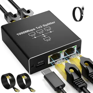 Gigabit Ethernet Splitter 1 to 3, Kit with 2 Cat6 Cables 6.6FT & USB Power, 1000Mbps  RJ45 LAN Splitter Adapter for Router, Modem,  Compatible with Cat5/5e/6/7/8 Ethernet Cables