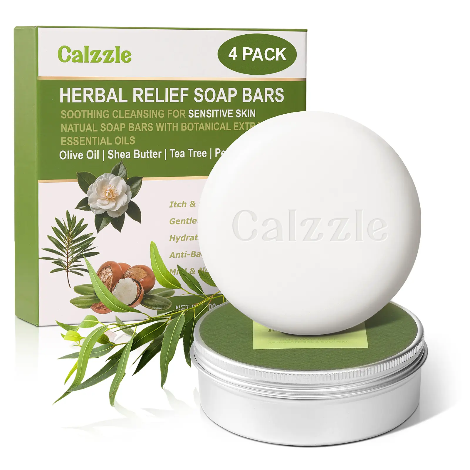 Calzzle 4 Pcs Herbal Soap Bar with Tea Tree Oil, Olive Oil, 3.53 oz