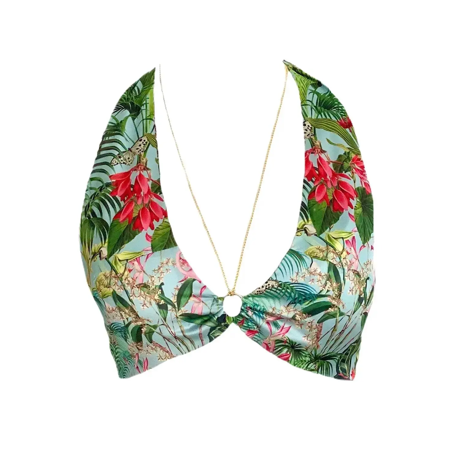 Tropical Floral Adjustable Crop Top Sexy Bralette with Gold Chain Matching Fabric