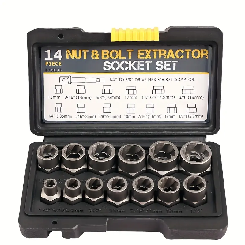 14-Piece Bolt Extractor Tool Set, Multi-Size (Inches/mm) Damaged Screw Remover with Reverse Spiral Flutes, Cr-Mo Steel Tools for Auto Repair, 3/8" Drive for Ratchets & Impact Wrenches with Hex Adaptor
