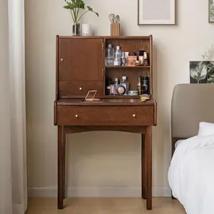 Wayshome Small Vanity Desk with Mirror, Solid Wood Dressing Table, Movable Drawer Divider, Extendable Table Board for Bedroom, Walnut Color, Natural Color