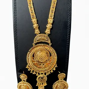 Classic Indian Gold Plated Long Necklace Set with Intricate Design and Elegant Pendant for Special Occasions