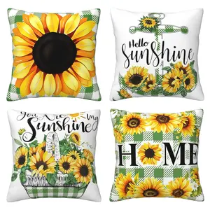 Sunflower pattern spring pillow cover, summer outdoor pillow cover sunflower decoration, sunny green grid pattern, suitable for farmhouse style sofa indoor home cushion cover, 4-piece set double-sided printing