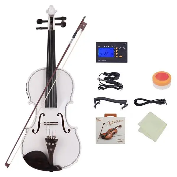 4/4 Size Adult Solid Basswood Wooden EQ Violin Bundle, Ideal Gift for Music Lovers - Includes Case, Bow, String Set, Shoulder Rest, Electronic Tuner, Connecting Wire, Cleaning Cloth (White)