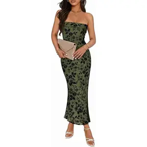 MEROKEETY Women's 2026 Summer Floral Strapless Dress Bodycon Tube Slit Mesh Wedding Guest Cocktail Party Maxi Dresses