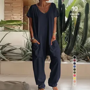 TFNOSIZE Women’s Stretch Jumpsuit V-Neck Short-Sleeve Top & Loose-Fit Bottom One-Piece Elegant, Simple, Breathable, Comfortable Fashionable Jumpsuit Casual Loungewear