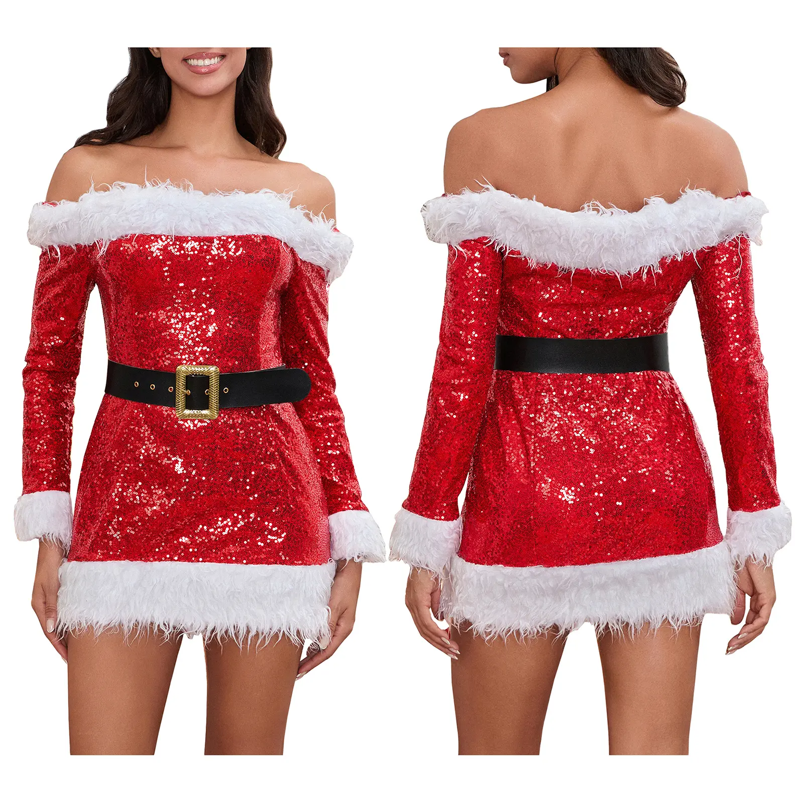 Women's Basic Fashion Christmas Santa Mrs. Claus Deluxe Costume Dress - Off-Shoulder, Long-Sleeve, Bodycon Mini Clothes