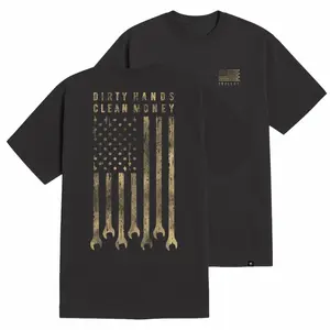 Dirty Hands Clean Money T-Shirt – Blue Collar Mechanic Wrench USA Flag Graphic Tee, Construction Worker Pride Workwear Shirt