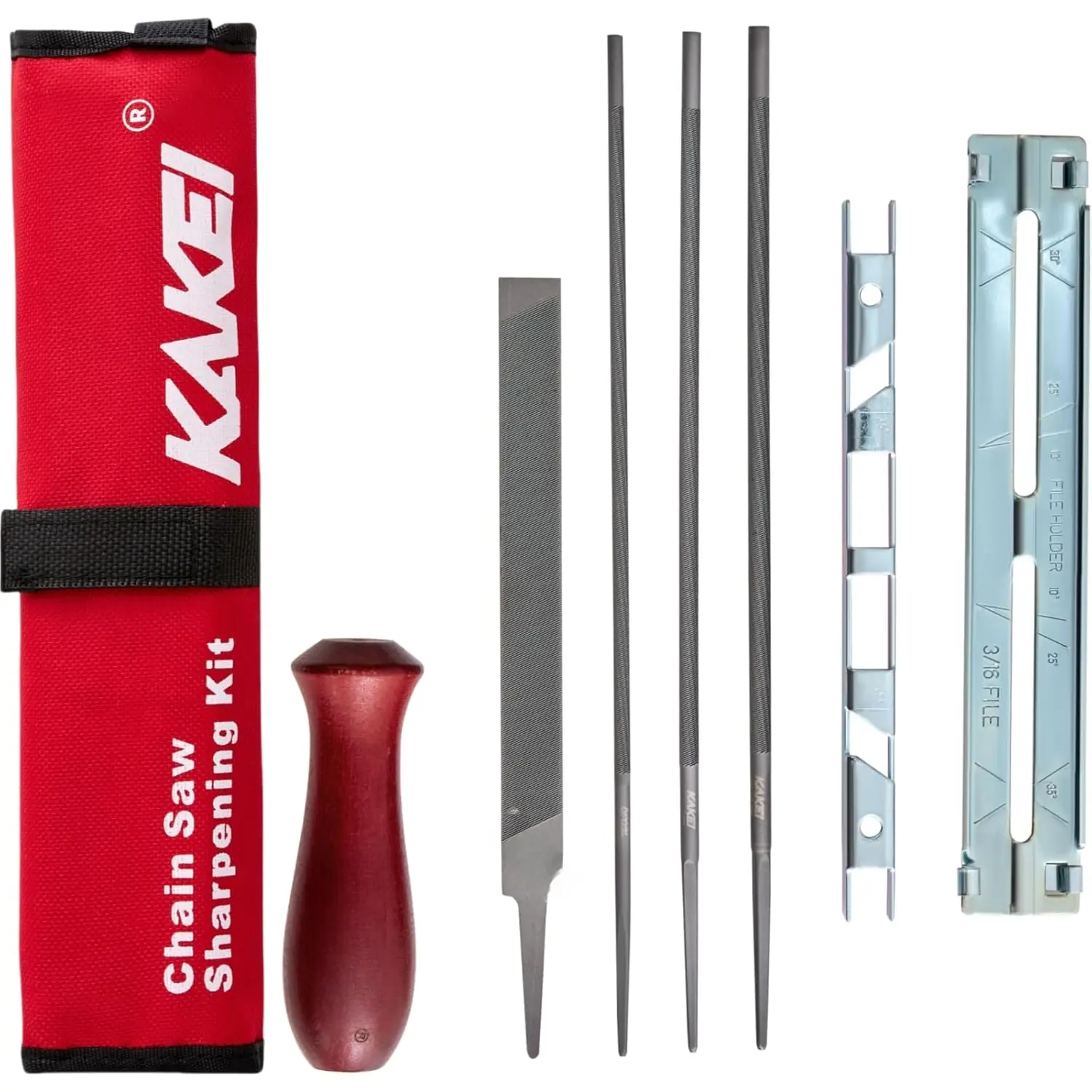 Chainsaw Sharpening File Kit, Chainsaw Chain Sharpener - 8 Packs - 3 Round Files(5/32-Inch, 3/16-Inch, 7/32-Inch), Flat File, Depth Gauge Tool, Filing Guide,  Handle, Travel Pouch (Red)