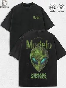 DOBYONE 1 PCS Retro Washed Black Short Sleeve T-Shirt, Front Mini Print + Back Alien Head "Humans Aren't Real" Graphic, Sci-Fi Streetwear Style, 100%25 Cotton Unisex Oversized Tee, Casual Hangouts, Great Gift for Sci-Fi Fans