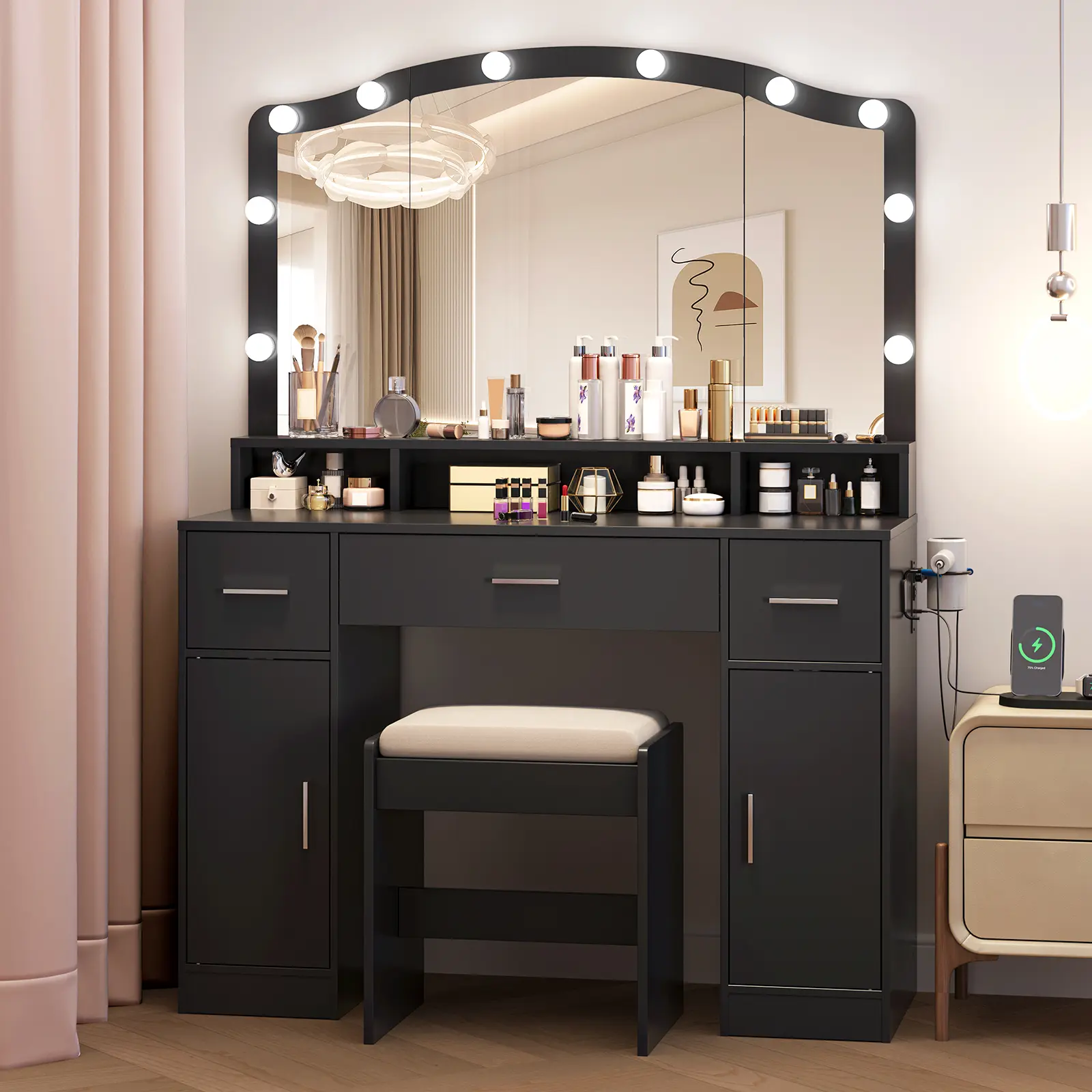Wooden Vanity Table with LED Lighted Mirror & Charging Station, Modern Makeup Vanity Desk with Storage Drawers & Cabinets for Bedroom